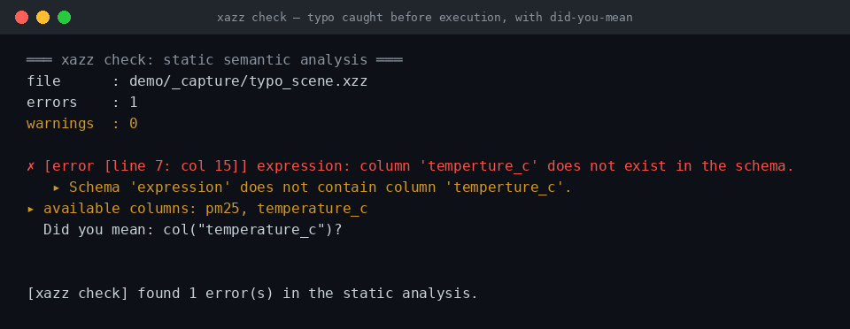 xazz check output with did-you-mean hint